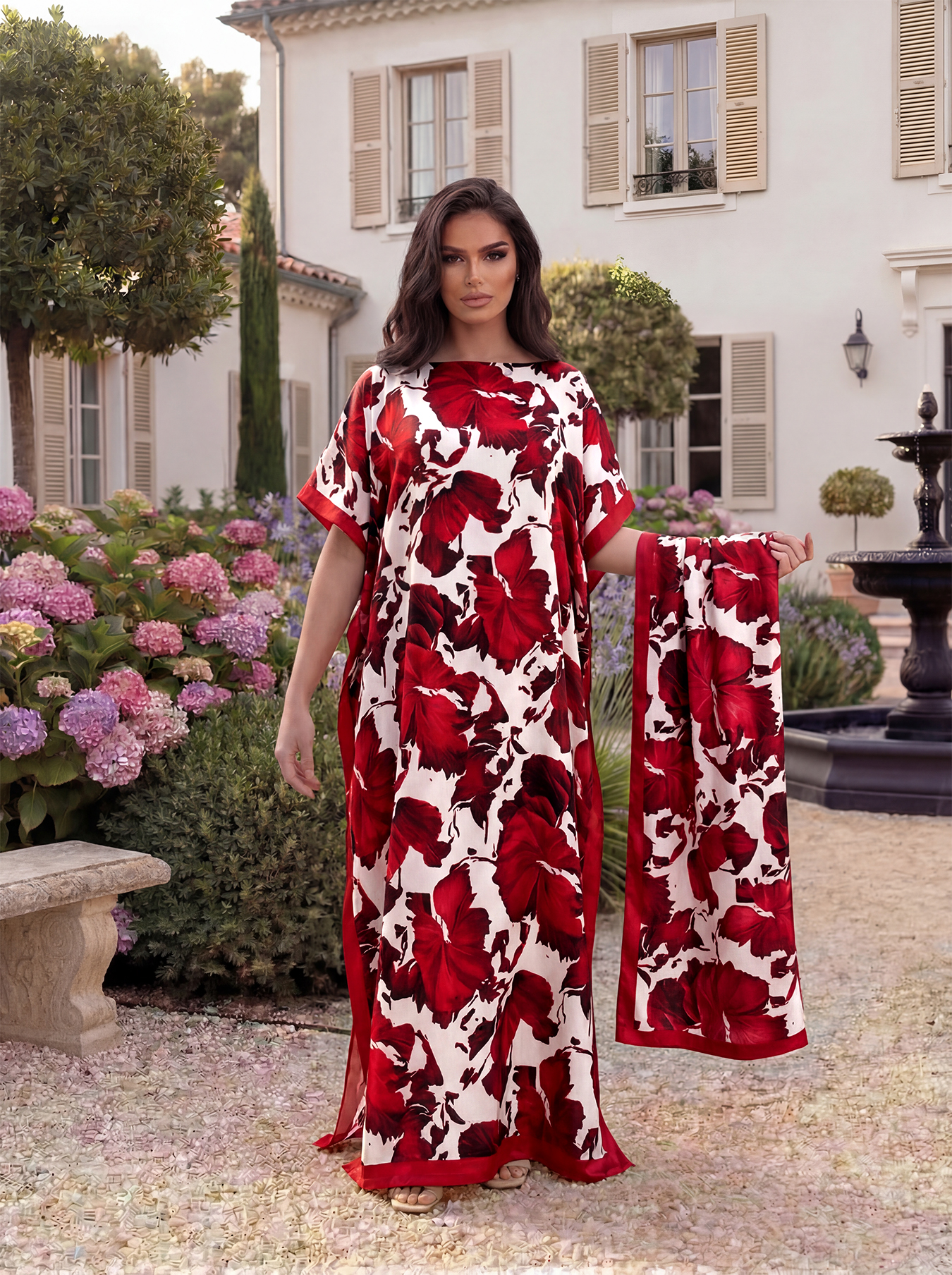 Kaftan Women Boho - Boho Large Leaf Floral Print Satin